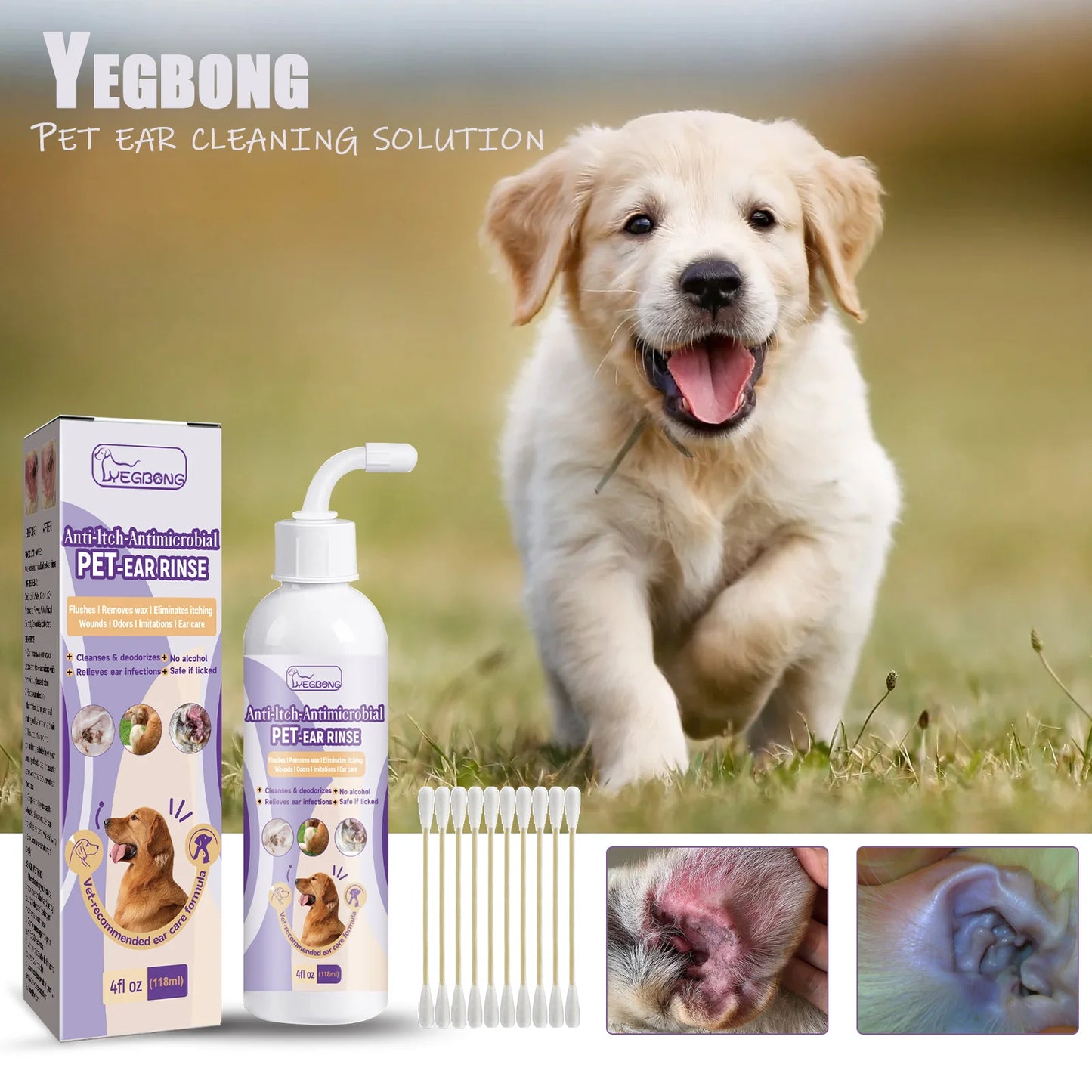 Pet Ear Cleaner for Cats and Dogs - Natural Solution Ear Wash Drop Relief from Itching Odor Earwax Mite Killer