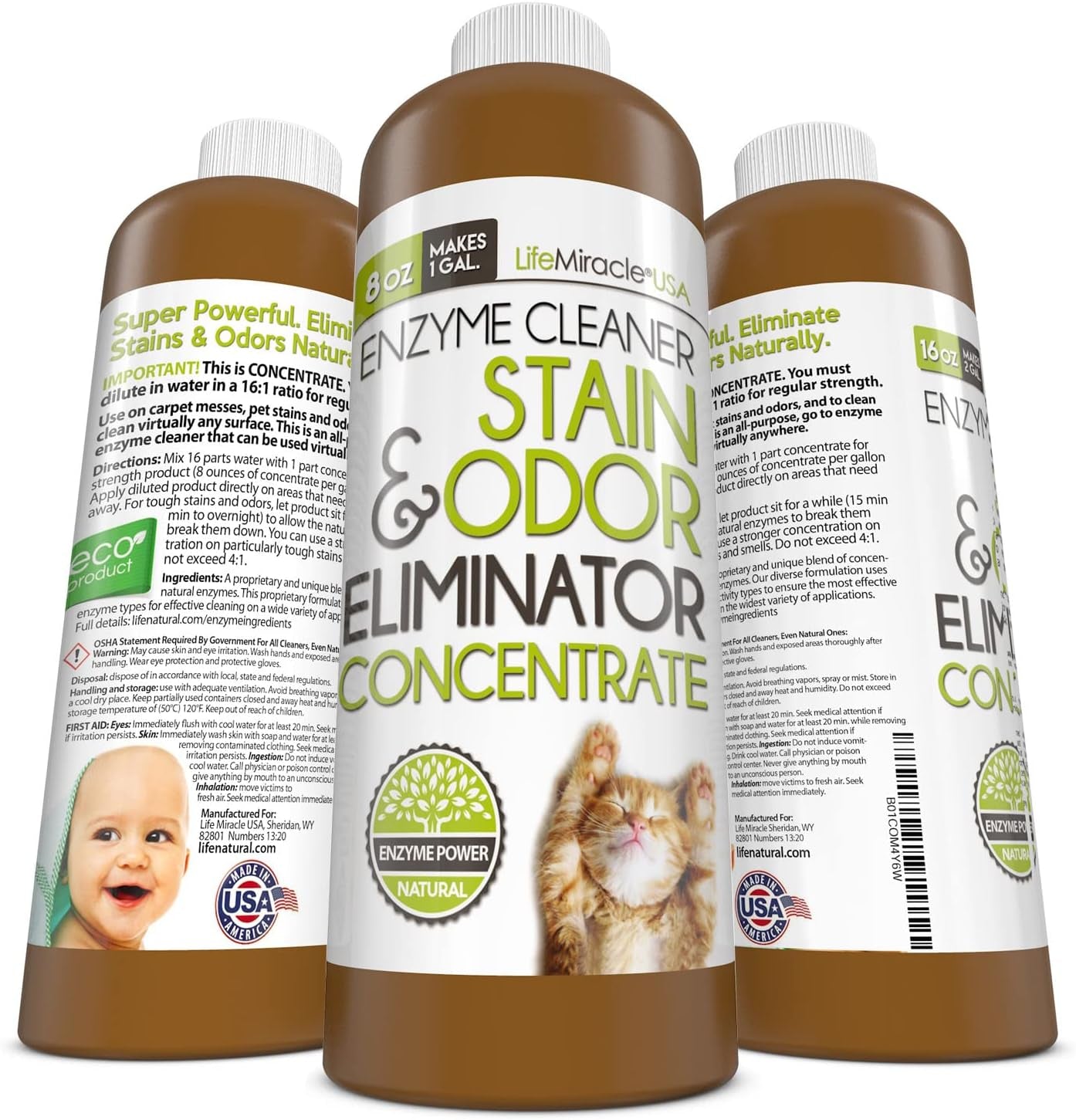 Life Miracle Enzyme Cleaner & Pet Odor Eliminator CONCENTRATE | Deep Cleaning Enzymatic Spot Remover for Dog Cat Urine, Rug, Carpet, Upholstery & Car Stains & Smells | Makes 128 Oz | Made in the USA