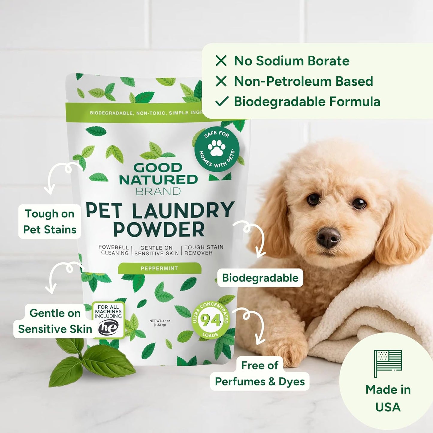 Good Natured Brand | Pet Stain & Odor Remover for Laundry | Pet Laundry Detergent for Dogs Beds, Cat Pee, Smell, Dog Drool | Hypoallergenic & Non-Toxic | Peppermint | 47Oz 94 Loads