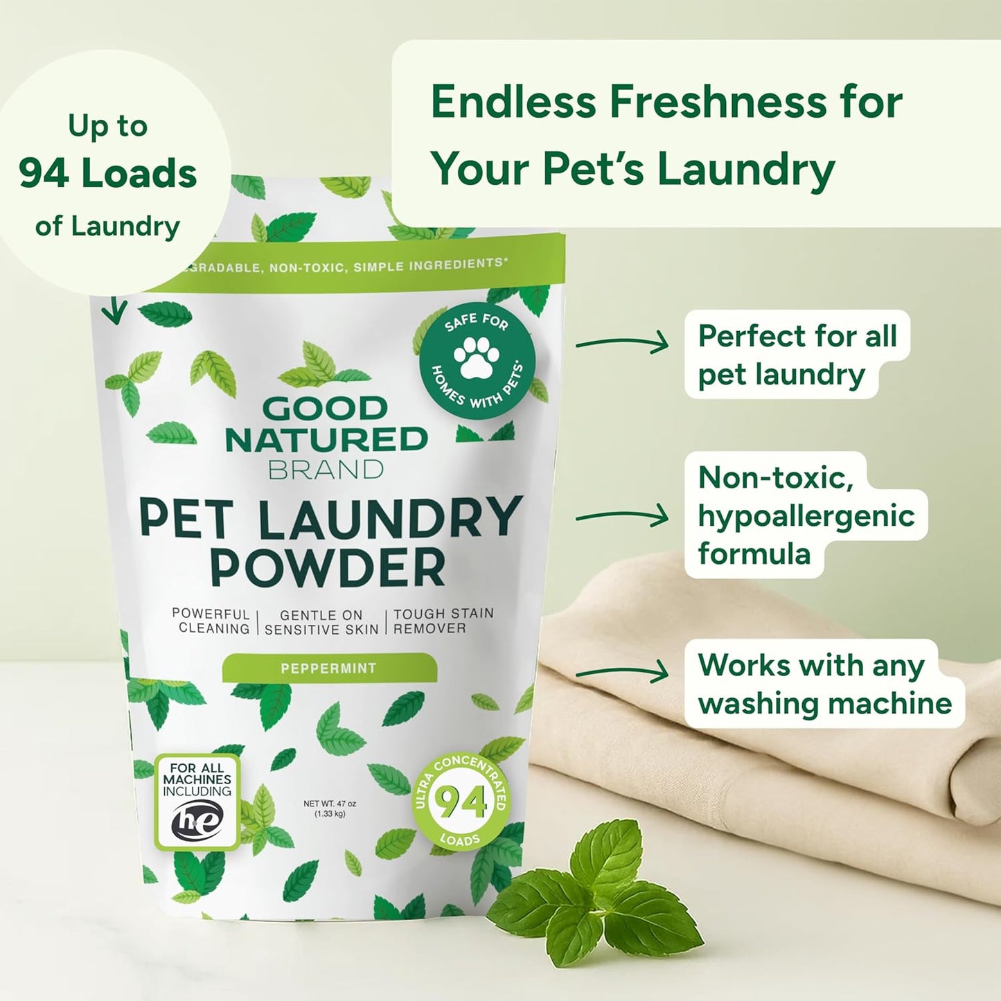 Good Natured Brand | Pet Stain & Odor Remover for Laundry | Pet Laundry Detergent for Dogs Beds, Cat Pee, Smell, Dog Drool | Hypoallergenic & Non-Toxic | Peppermint | 47Oz 94 Loads