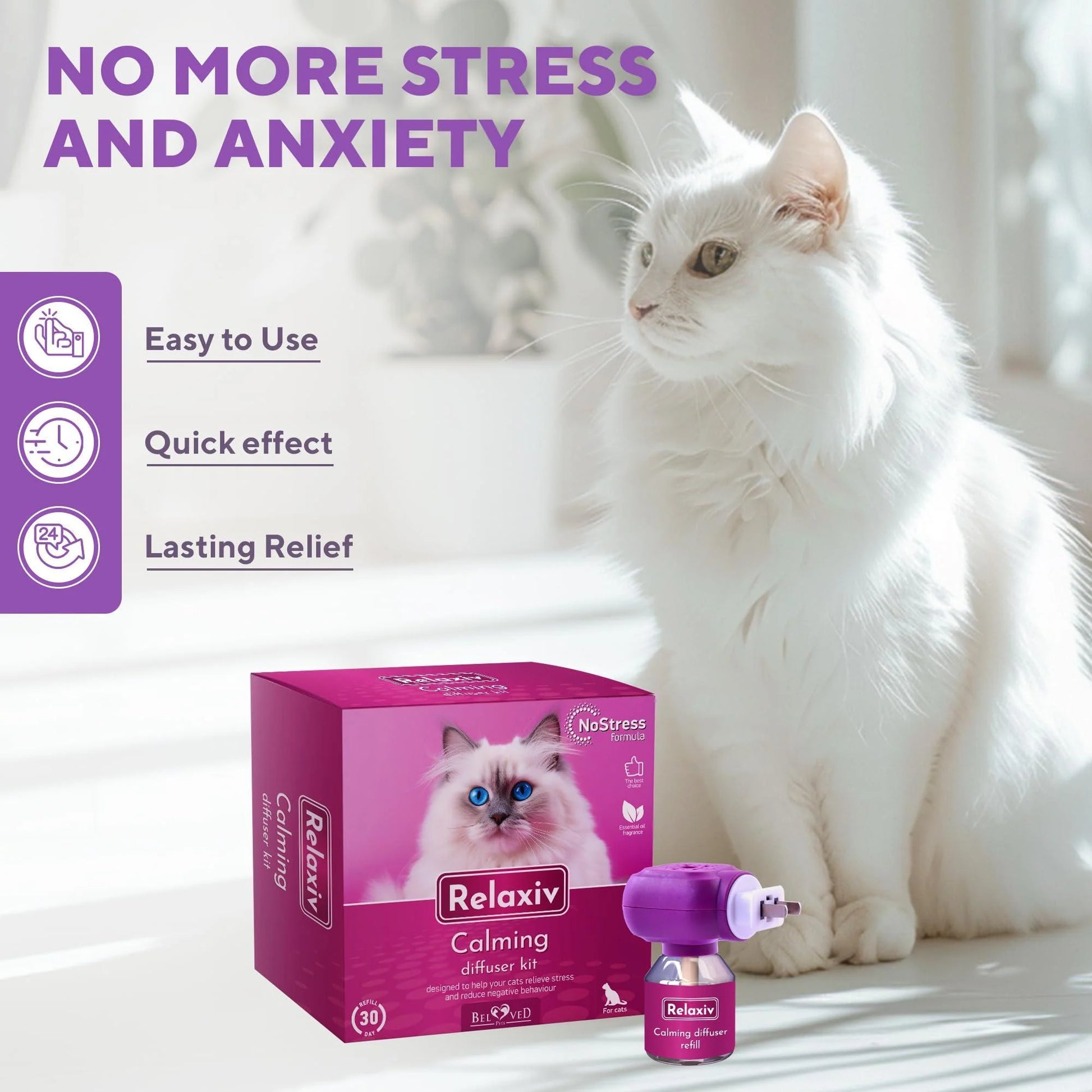 Relaxiv Natural Cat Calming Pheromone Diffuser Improved No Stress Formula anti Anxiety Treatment #1 for Cats and Dogs with a Long Lasting Calming Effect