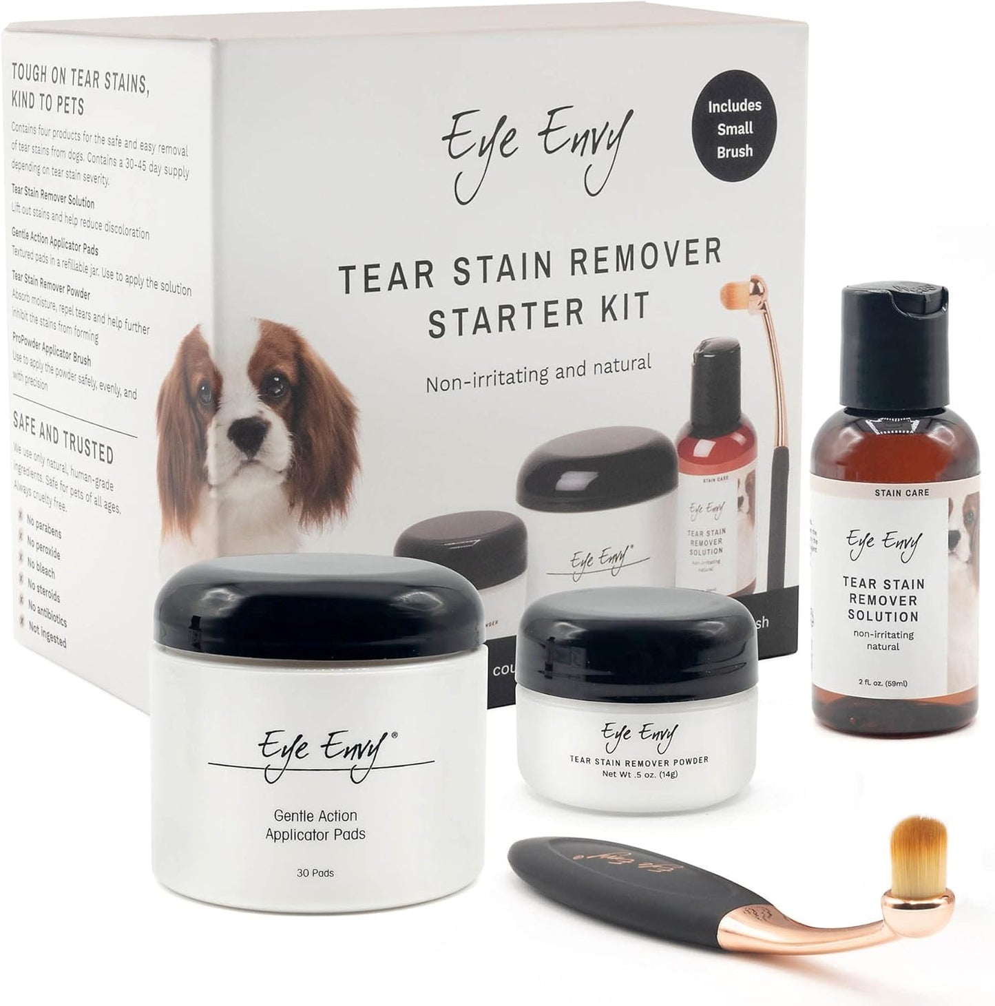 Eye Envy Dog Tear Stain Remover Starter Kit with Propowder Brush | Stain Solution, Applicator Pads, Stain Powder and Small Applicator Brush | Lasts 30-45 Days