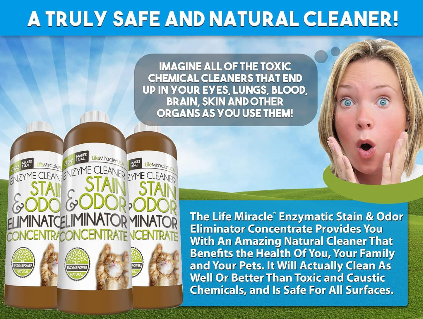 Life Miracle Enzyme Cleaner & Pet Odor Eliminator CONCENTRATE | Deep Cleaning Enzymatic Spot Remover for Dog Cat Urine, Rug, Carpet, Upholstery & Car Stains & Smells | Makes 128 Oz | Made in the USA